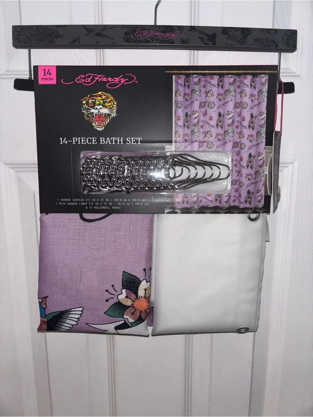 Ed Hardy Lavender Tattoo-Print Bath Set with White Liner